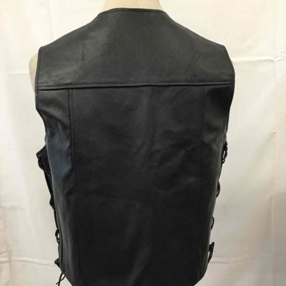 Men's HWK New Black Leather Motorcycle Vest Large - Picture 5 of 6